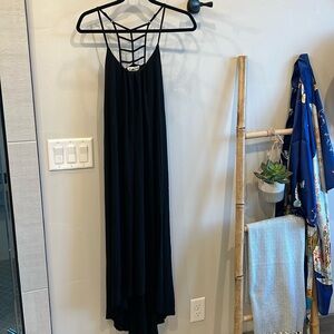 Strappy-backed black high-low maxi dress size XS built-in bra shelf